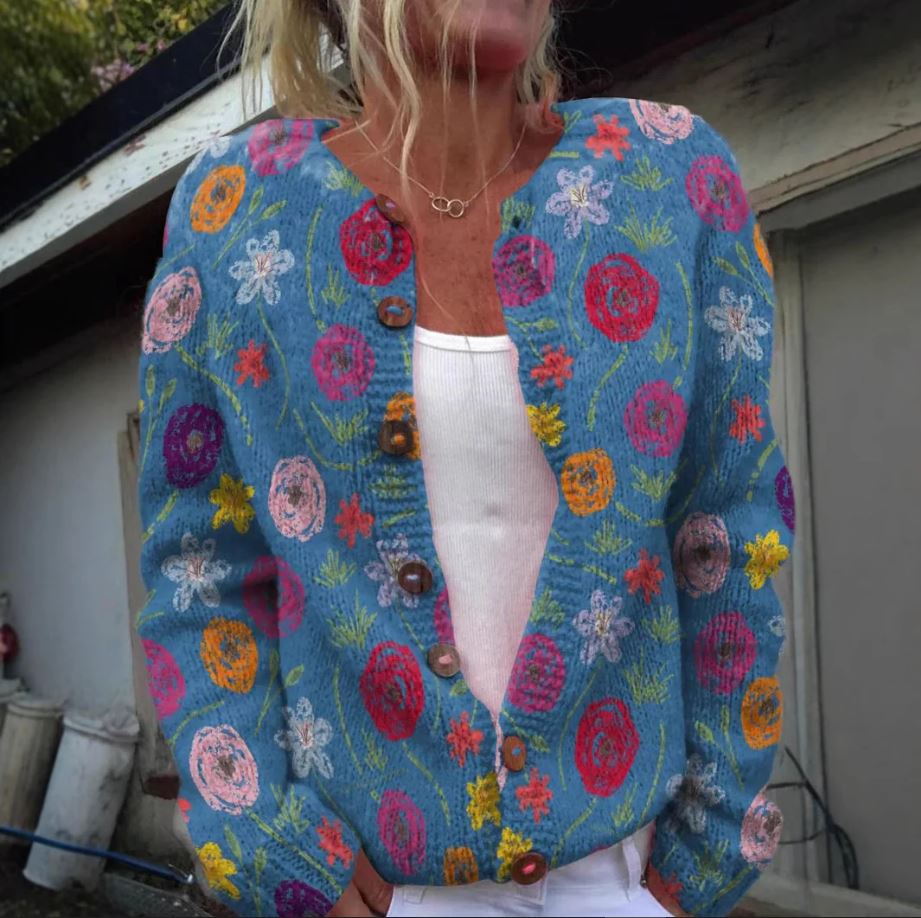 Tilda - Cardigã azul com estampa floral