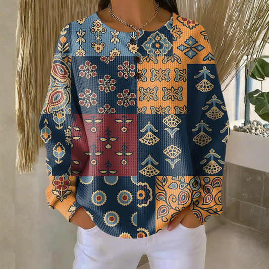 Ivy - Suéter com estampa floral xadrez étnica