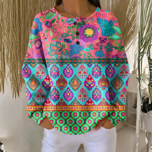 Vivienne - Sweater with Ethnic Flower Stripes