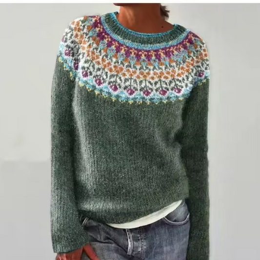 Quinn - Suéter de malha com decote em forma de flor, estilo islandês