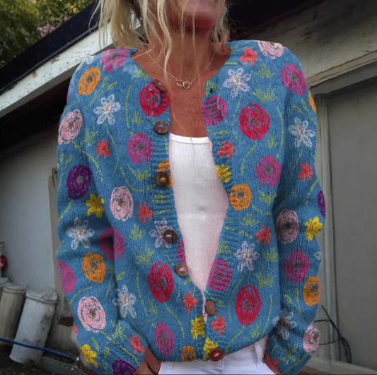 Tilda - Cardigã azul com estampa floral